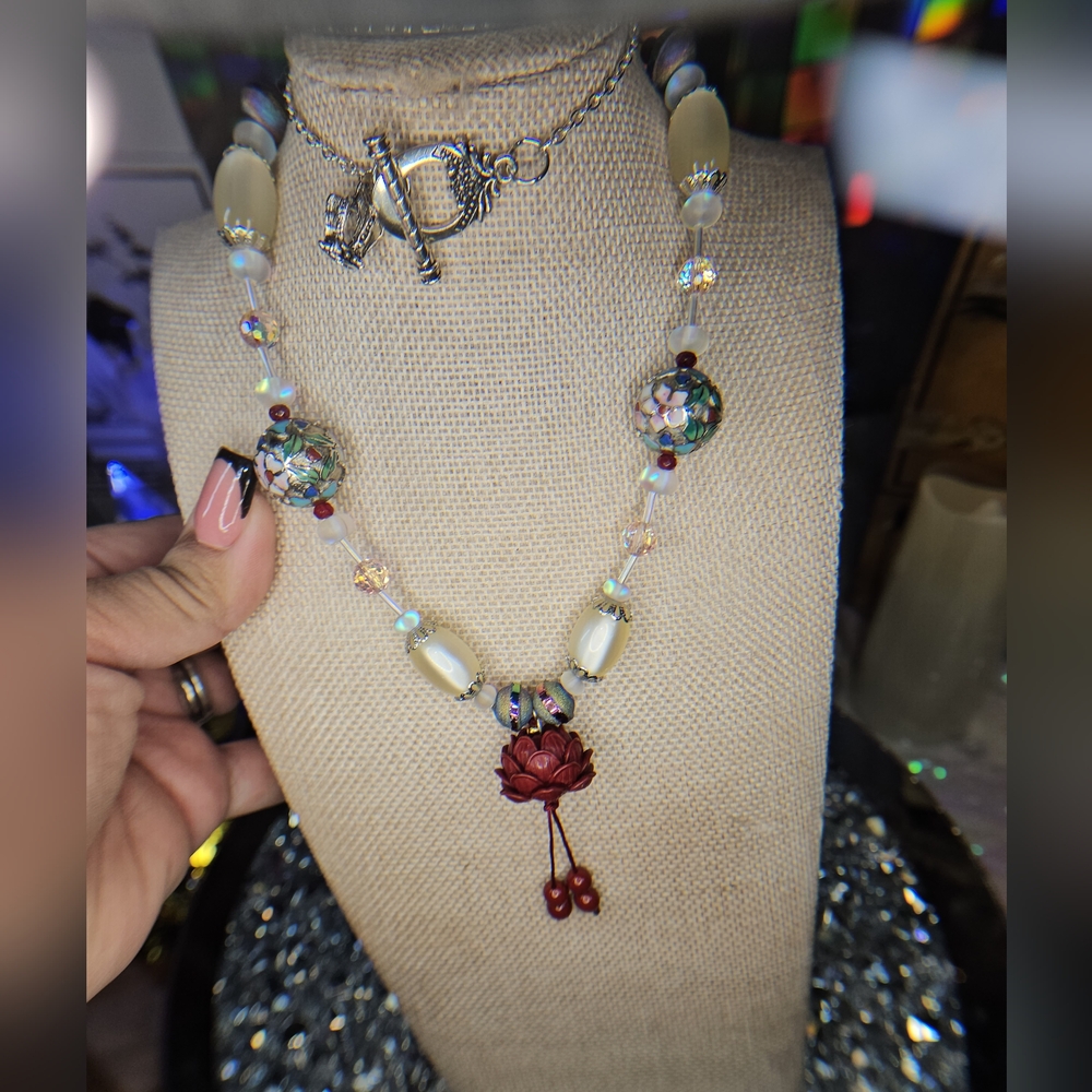 SOLD-Artisan Quadruple Threat Cloisonne, Cinnabar, & Moonglow, w/ Rubies -  Set - Picture 9 of 11
